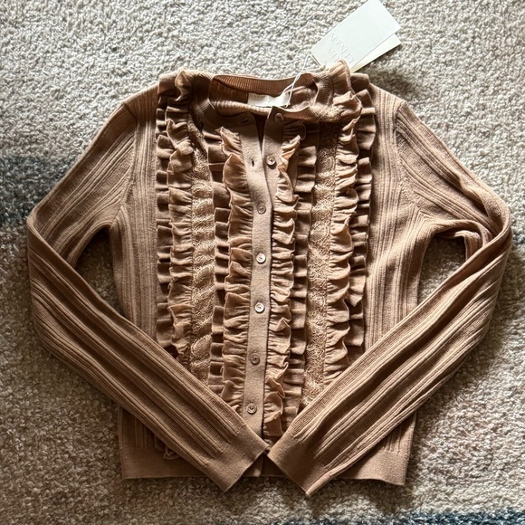 NEW Ulla Johnson Maryel Ruffle & Lace Merino Wool Cardigan in Camel Melange - Picture 7 of 11